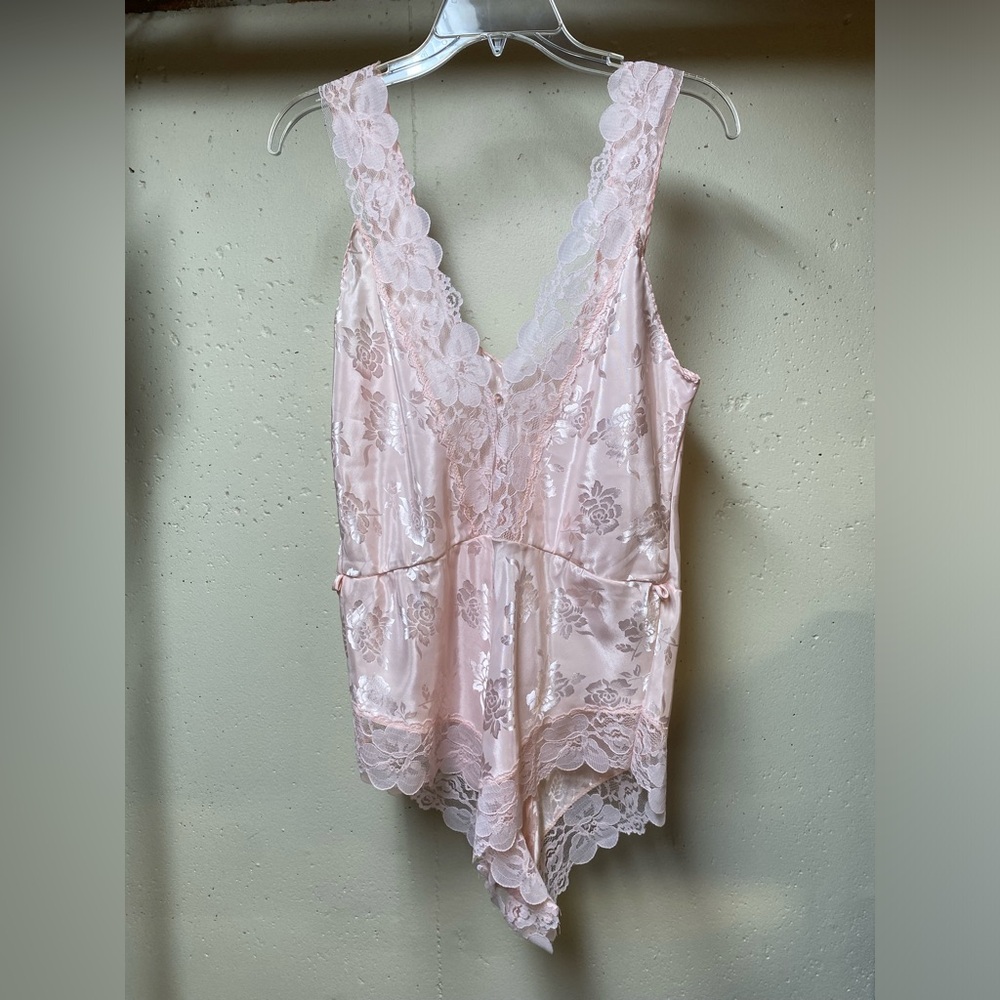 Vintage Satin Pink Lace Teddy Bodysuit Romper Sz Unknown SEE measurements